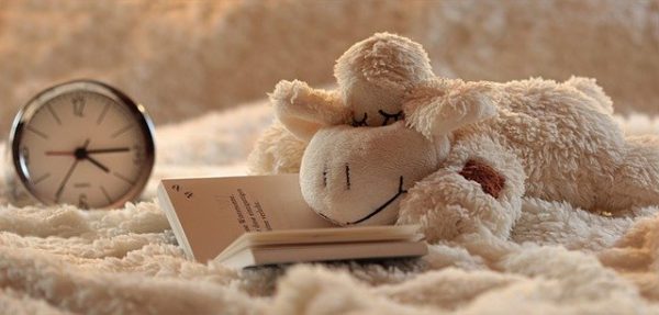 An alarm clock next to a stuffed animal toy